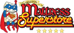 Cartoon superhero mascot of Mattress Superstore with a mattress in hand, featuring bold red and yellow logo and five stars, representing quality mattress products.