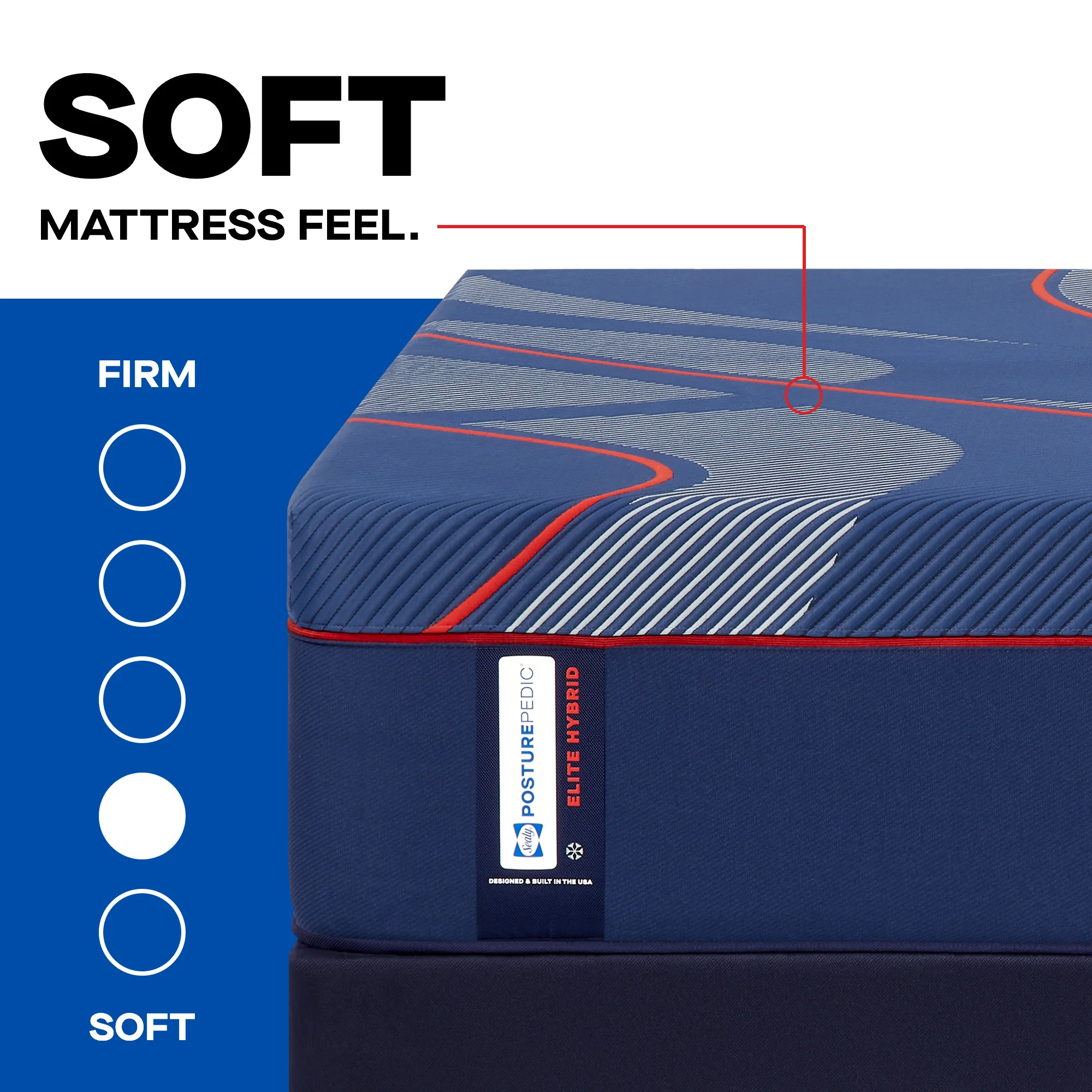 Sealy Brenham Soft Hybrid Mattress 3 Sealy Brenham Soft Hybrid Mattress showcasing plush top layer, labeled "Soft," with blue and red design elements, emphasizing comfort and support features.