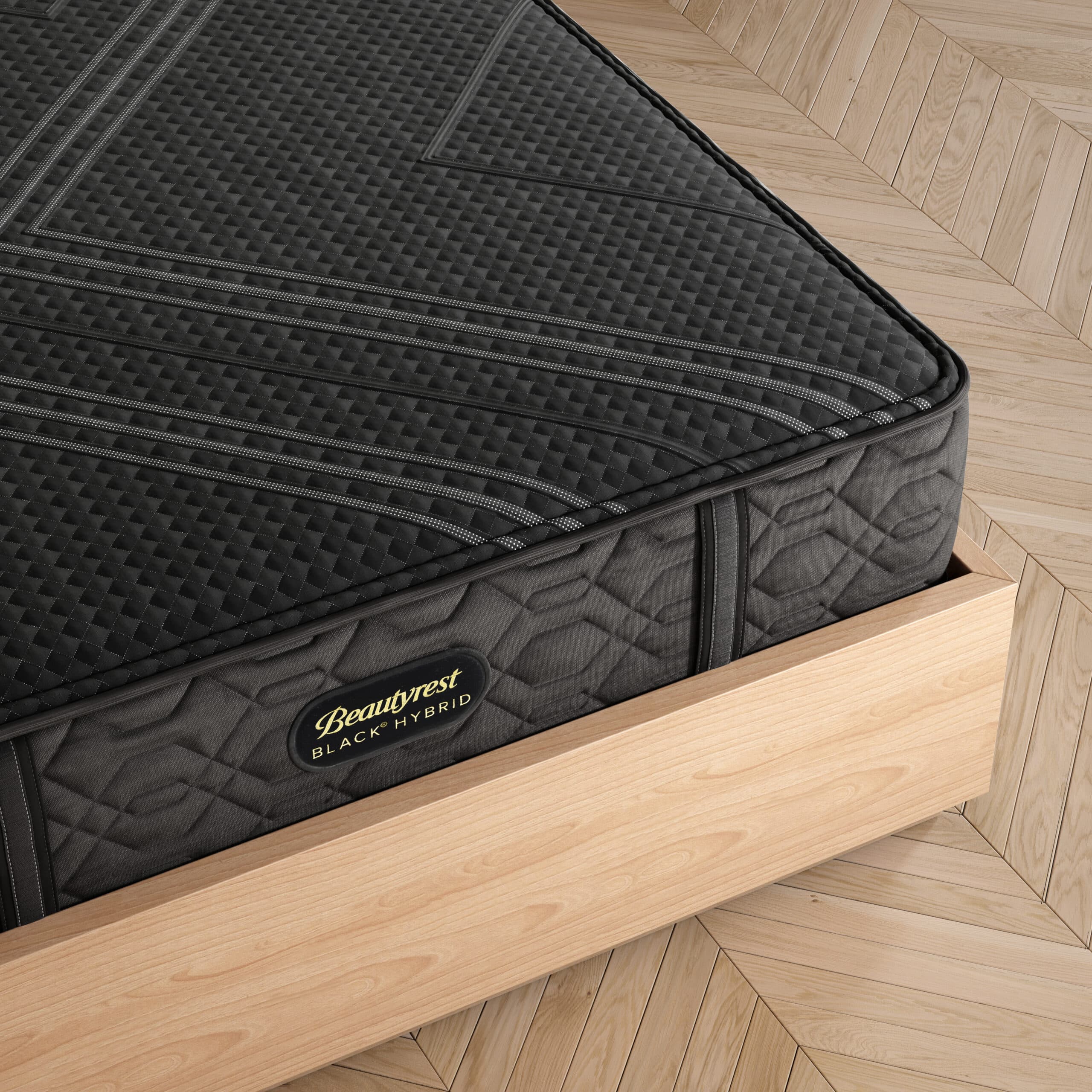 Beautyrest Black Hybrid Series 1 Medium mattress on a wooden bed frame, featuring a textured black surface with a logo, highlighting advanced comfort and support technology.