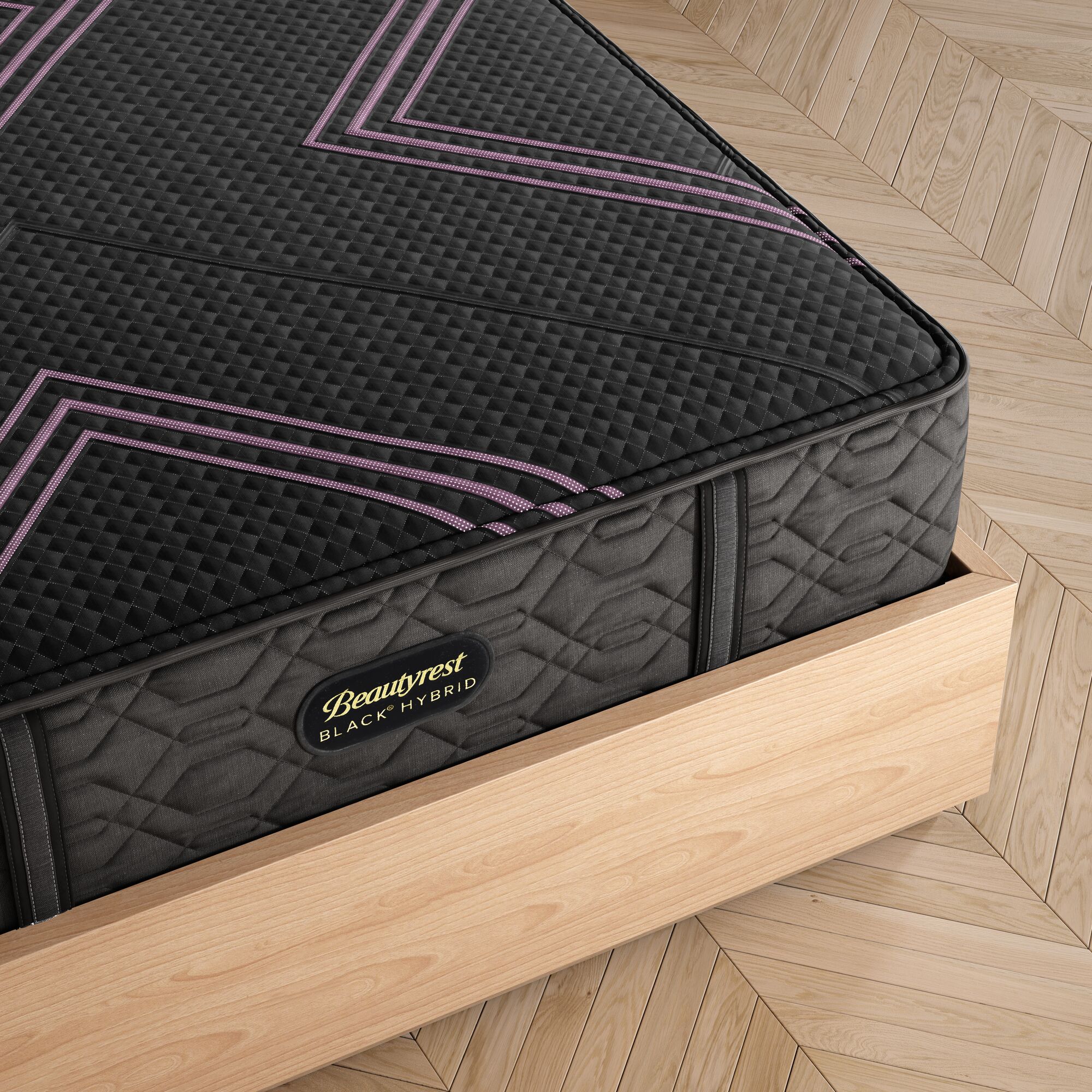 Beautyrest Black Hybrid Series 2 Plush 4 Beautyrest Black Hybrid Series 2 Plush mattress with distinctive black and purple design, showcasing quilted surface and branding, on a wooden bed frame.