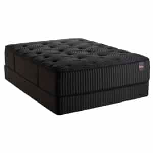 Atlantic Plush Hybrid Mattress with a black fabric exterior and tufted top, featured in Mattress Superstore's product listing.