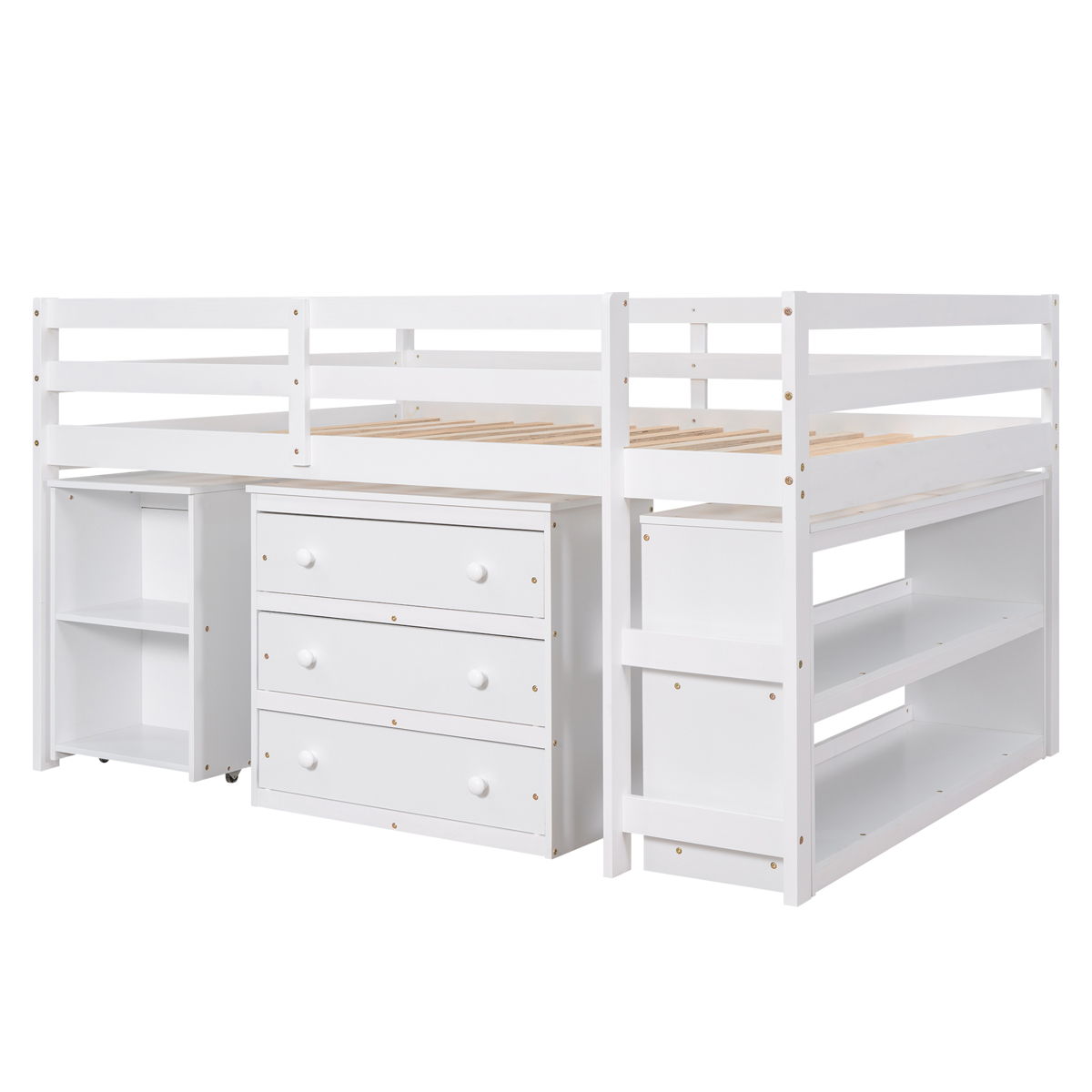 Loft Low Study Bed With Cabinet, Shelves And Rolling Portable Desk ...