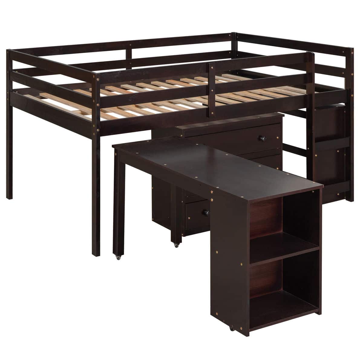 Loft Low Study Bed With Cabinet, Shelves And Rolling Portable Desk ...