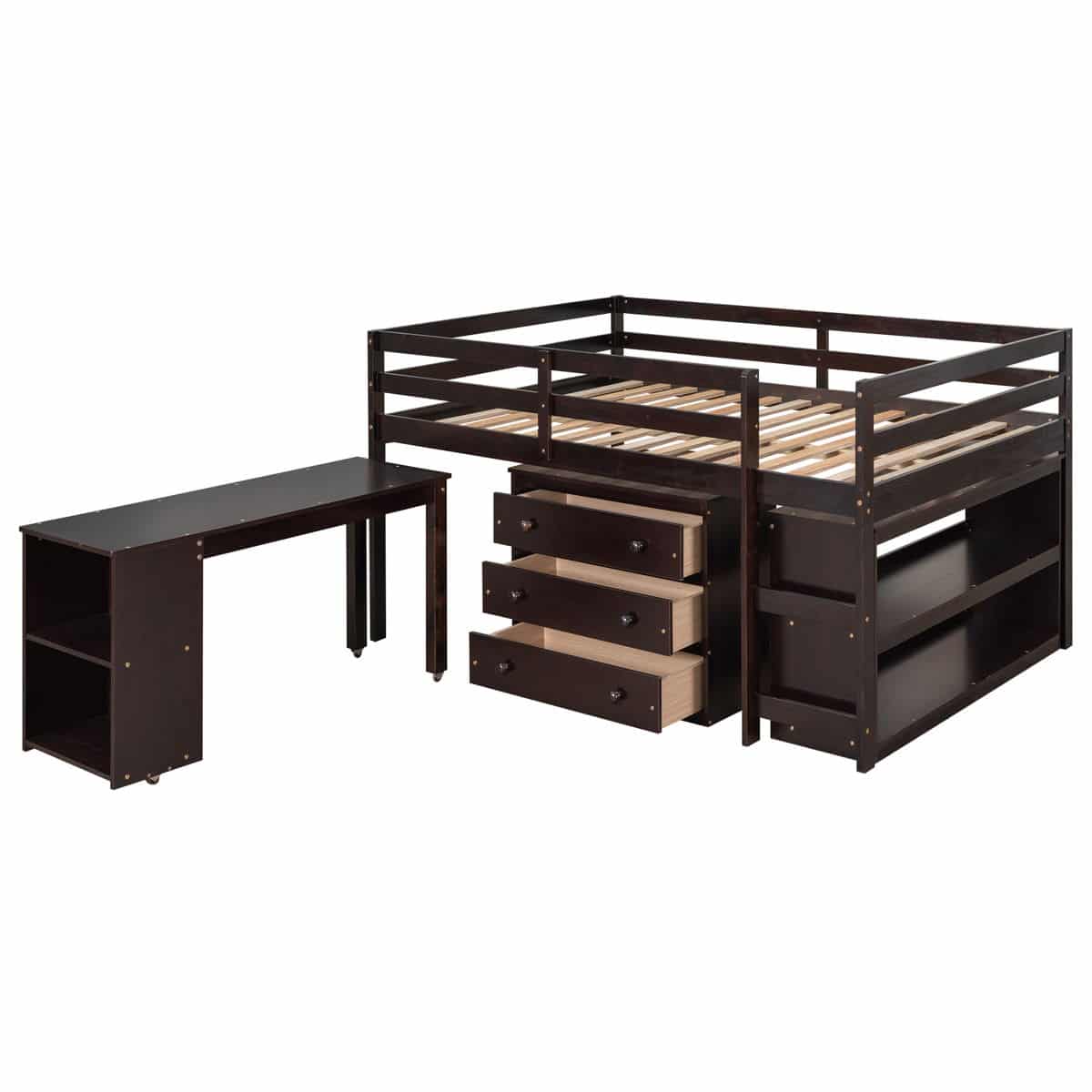 Loft Low Study Bed With Cabinet, Shelves And Rolling Portable Desk ...