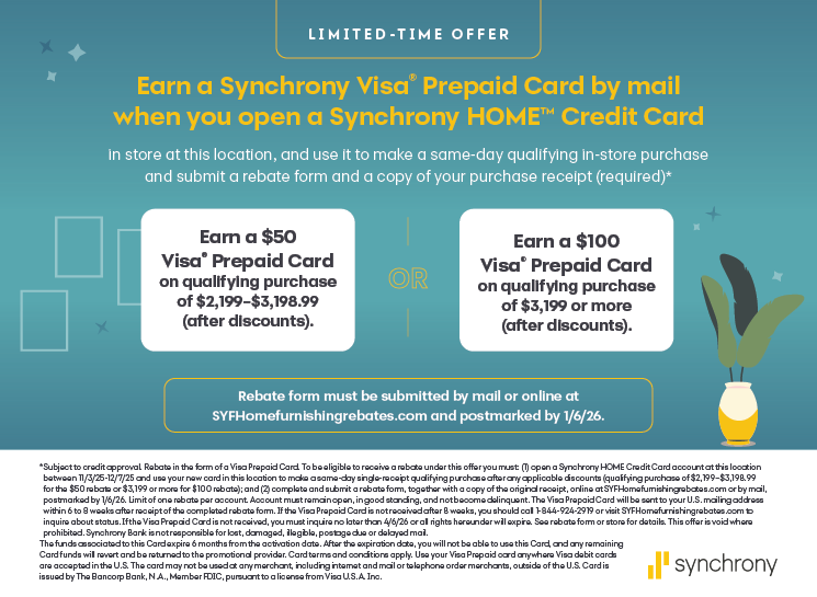 Earn a Synchrony Visa® Prepaid Card offer for opening a Synchrony HOME™ Credit Card at Mattress Superstore, featuring promotional details for qualifying purchases and rebate instructions.