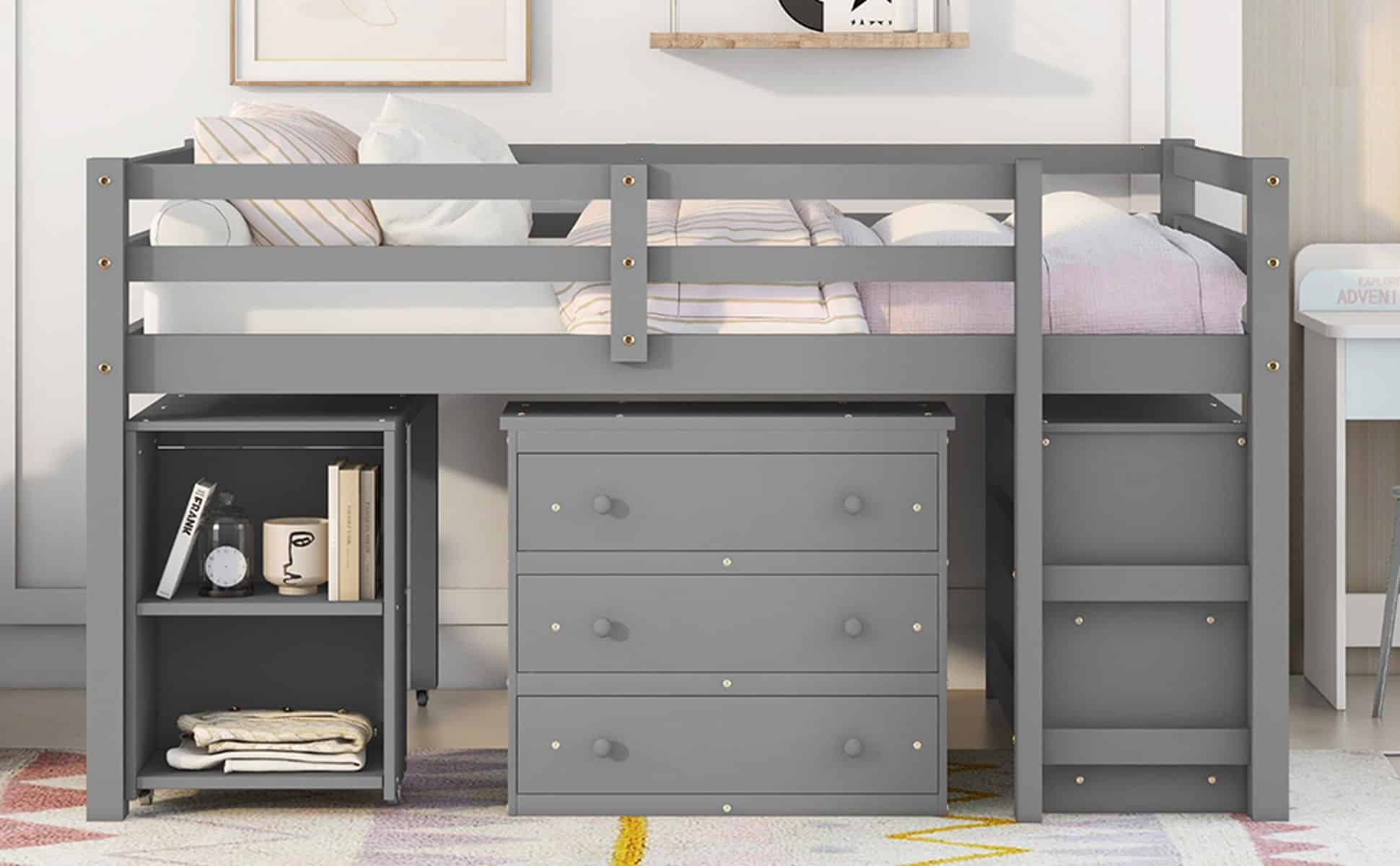 Loft Low Study Bed With Cabinet, Shelves And Rolling Portable Desk ...