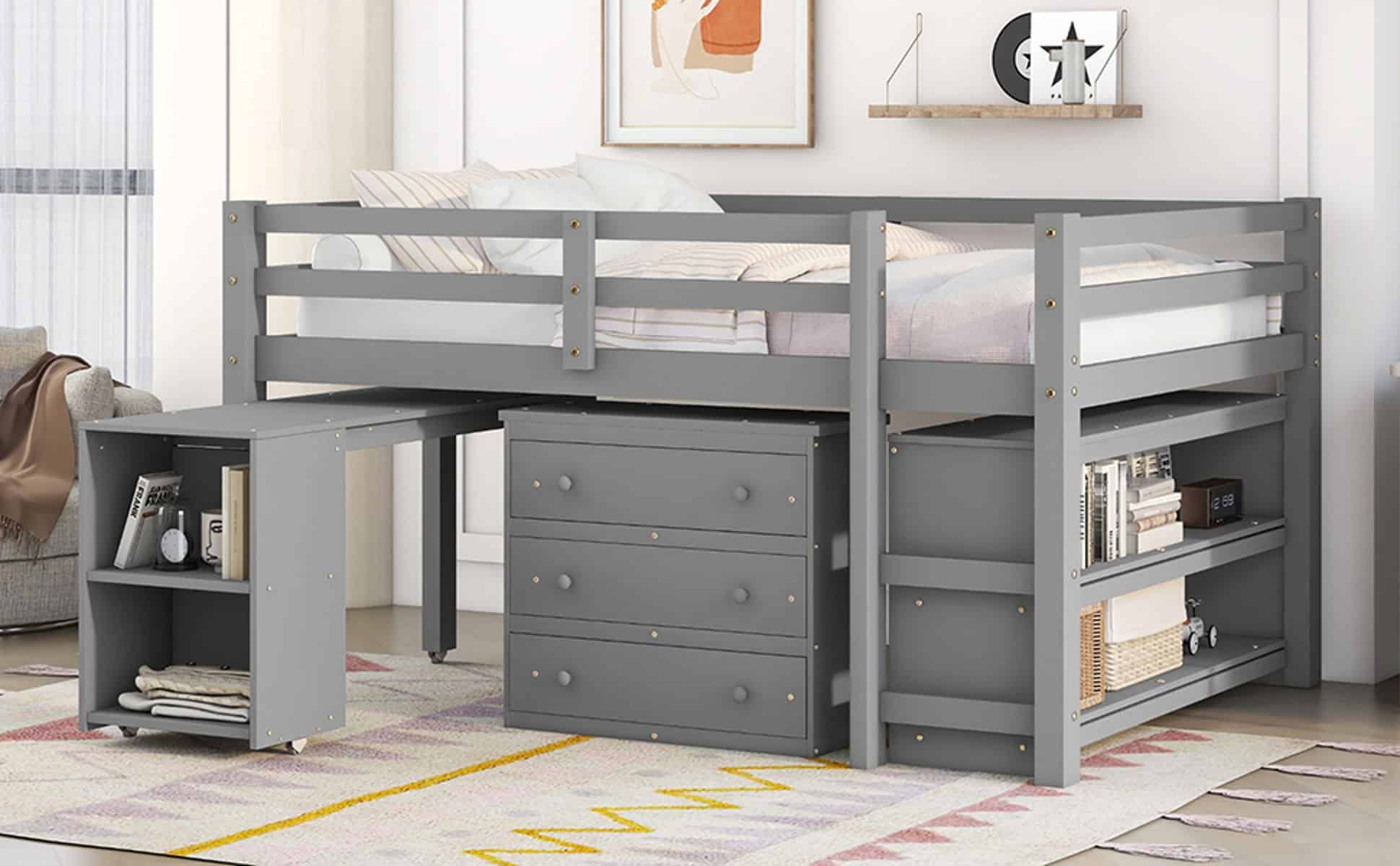 Loft Low Study Bed With Cabinet, Shelves And Rolling Portable Desk ...