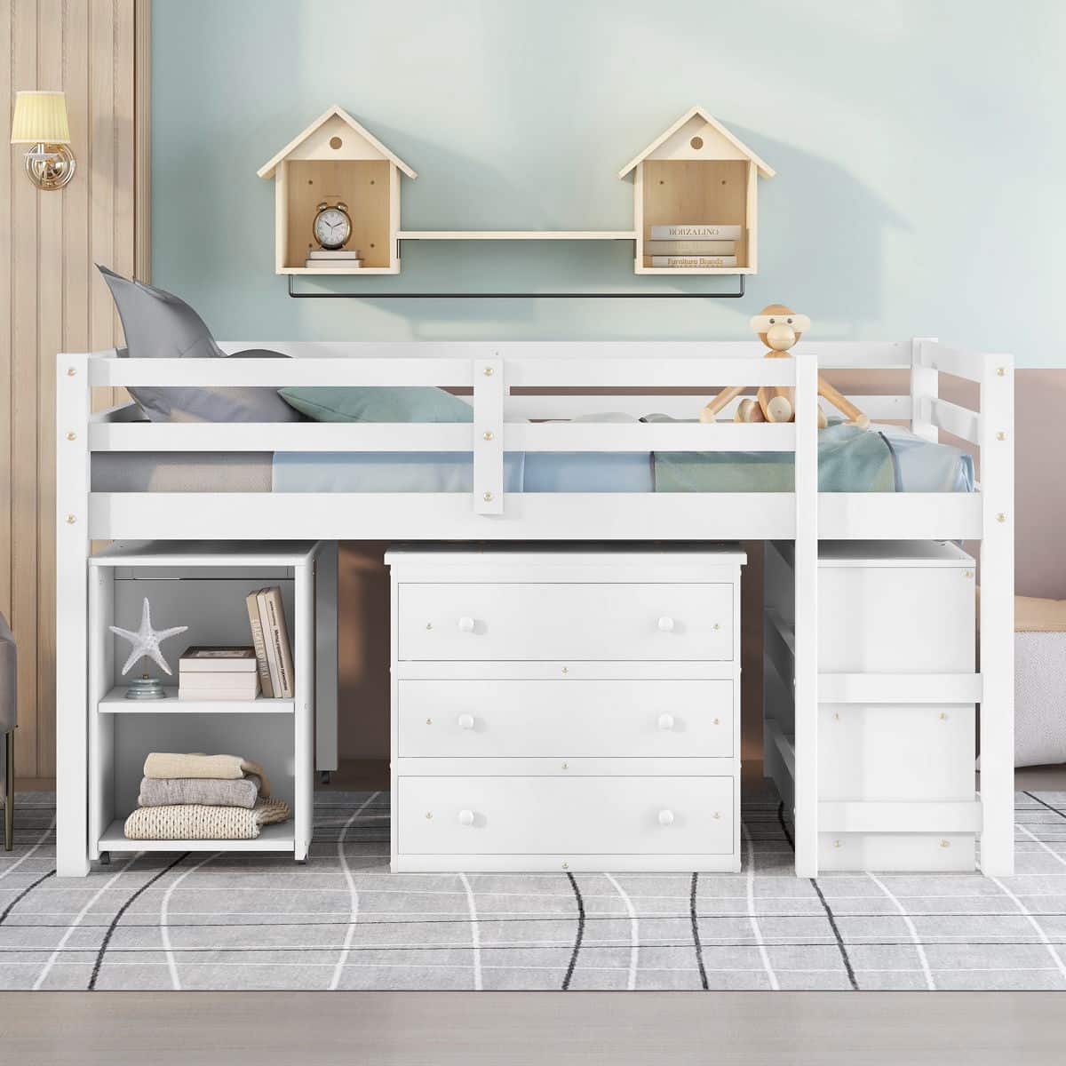 Loft Low Study Bed With Cabinet, Shelves And Rolling Portable Desk ...
