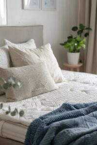 Our Blogs 2 Cozy bedroom scene featuring a neatly made mattress adorned with decorative pillows and a textured blue blanket, complemented by a potted plant, emphasizing comfort and sleep quality.