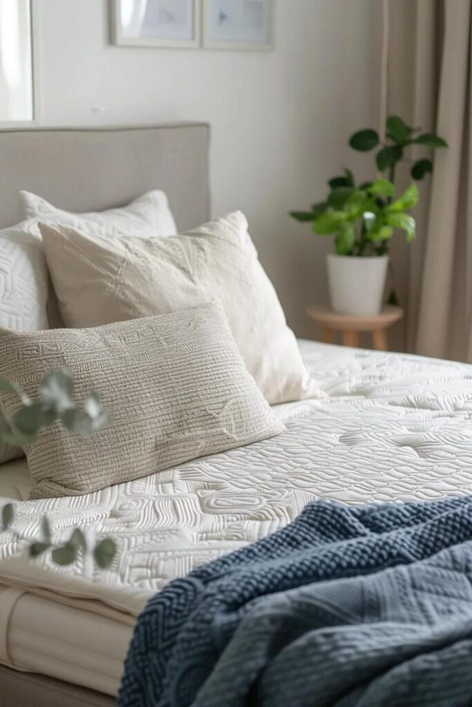 Cozy bed featuring textured white mattress, decorative pillows, and blue knitted blanket, emphasizing comfort and design for informed mattress choices.