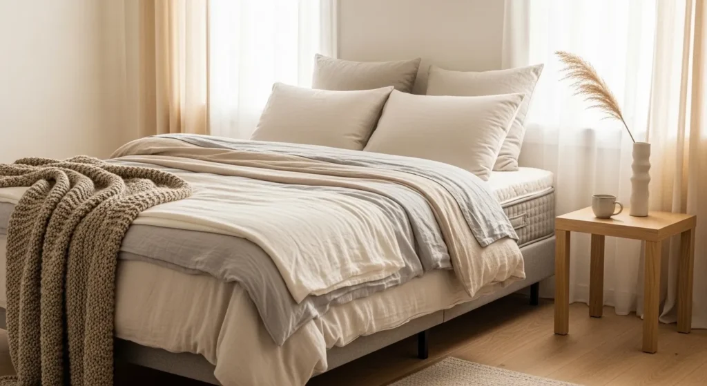Cozy bedroom featuring a neatly made bed with layered bedding, decorative pillows, and a knitted throw, complemented by a wooden bedside table with a cup and a vase, emphasizing the importance of a comfortable sleep environment for health and well-being.