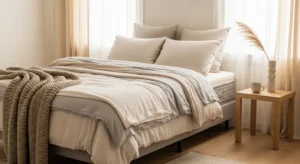 Our Blogs 5 Cozy bedroom setup with layered bedding, decorative pillows, and a bedside table, reflecting optimal comfort for deeper sleep during cooler weather.