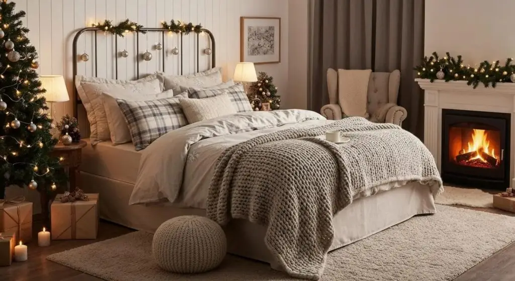 Cozy holiday bedroom setup with comfortable bedding and festive decorations for better sleep