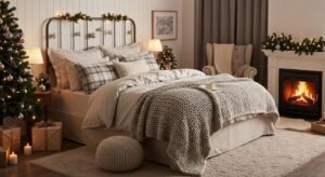 Our Blogs 3 Cozy bedroom with a festive atmosphere, featuring a neatly made bed with layered bedding, decorative pillows, a warm fireplace, and holiday decorations including a Christmas tree and candles, illustrating ideal sleep environment for winter wellness.