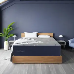 Twin Long mattress displayed on a modern wooden bed frame in a stylish bedroom setting with a blue wall, decorative pillows, and bedside lamps.