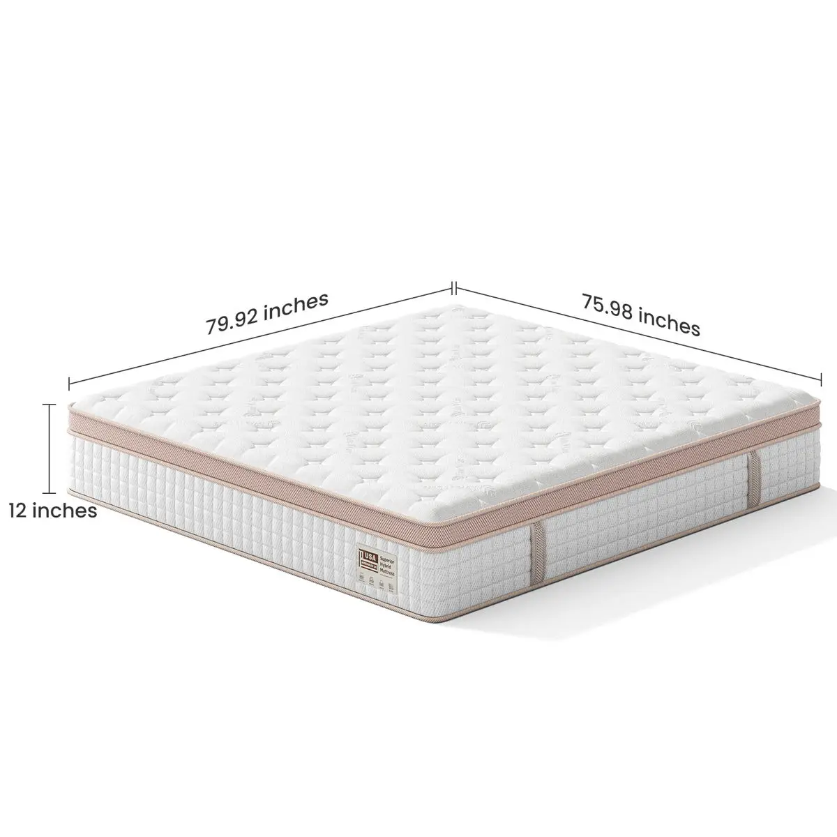 12" Firm Hybrid Mattress, Gel Memory Foam & Pocket Springs, Pressure Relief, Motion Isolation, Ergonomic Bed - White - King 4 12-inch King Size Firm Hybrid Mattress with gel memory foam and pocket springs, dimensions 79.92 x 75.98 inches, designed for pressure relief and motion isolation.