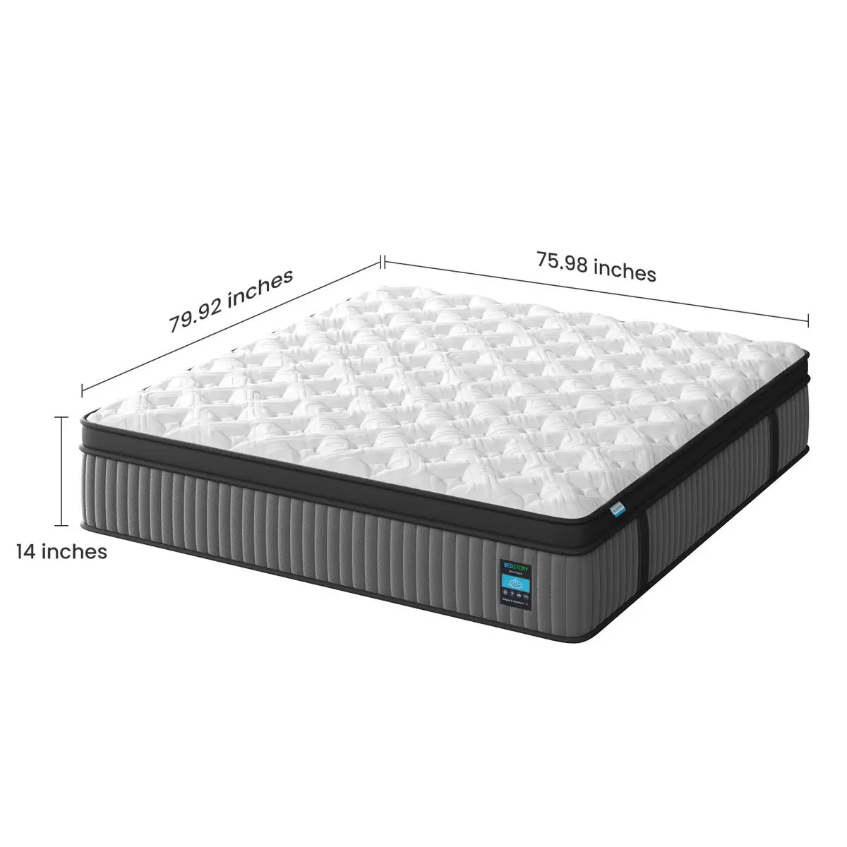 14" Hybrid Mattress, Memory Foam & Pocket Spring Bed, Cooling, Pressure Relief, Back & Hip Support - Gray / White - King 3 14-inch King Hybrid Mattress with memory foam and pocket springs, gray and white design, dimensions 79.92 x 75.98 inches, features cooling properties and pressure relief for back and hip support.