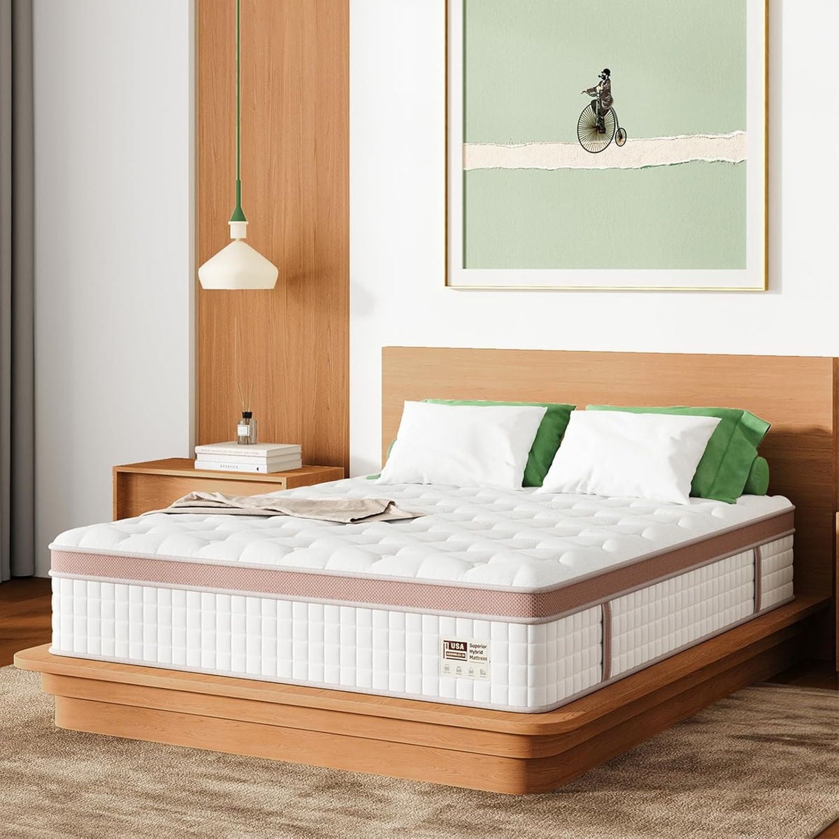 12" Firm Hybrid Mattress, Gel Memory Foam & Pocket Springs, Pressure Relief, Motion Isolation, Ergonomic Bed - White - King 2 12-inch King Size Firm Hybrid Mattress with gel memory foam and pocket springs, designed for pressure relief and motion isolation in a modern bedroom setting.