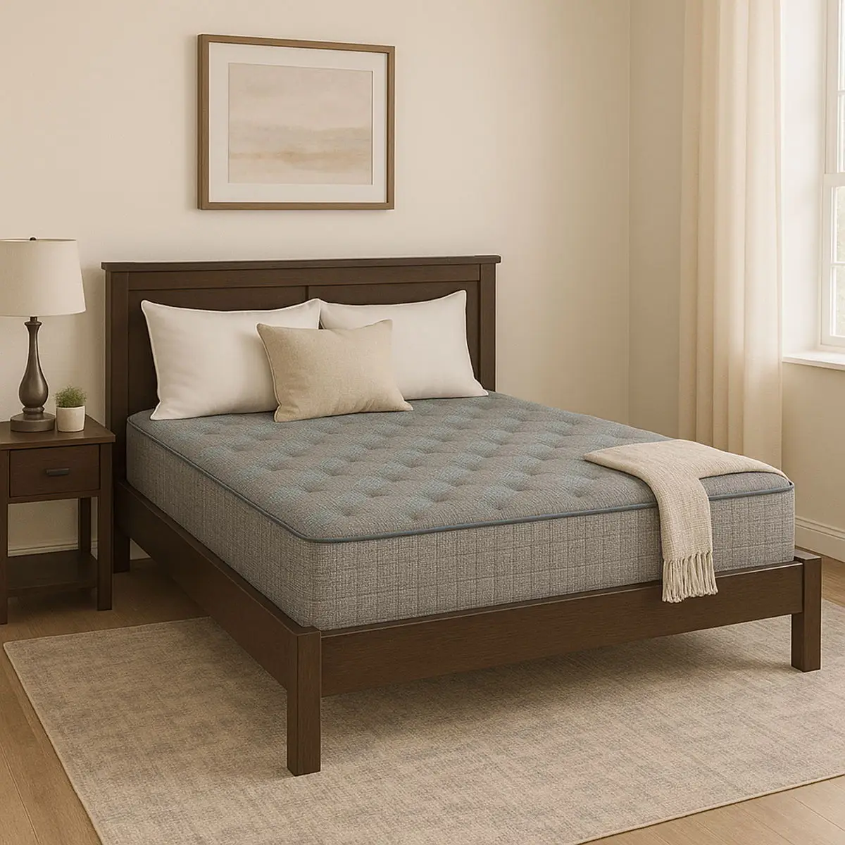Comfort Care - 11" Hybrid Mattress, Medium Comfort, Foam 9 Comfort Care 11" Hybrid Mattress on a wooden bed frame, featuring plush top, decorative pillows, and soft throw blanket, set in a bright, cozy bedroom.