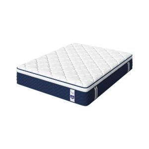 Quincy Plush Mattress with quilted white top and navy blue base, showcasing comfort features, available for purchase at Mattress Superstore.