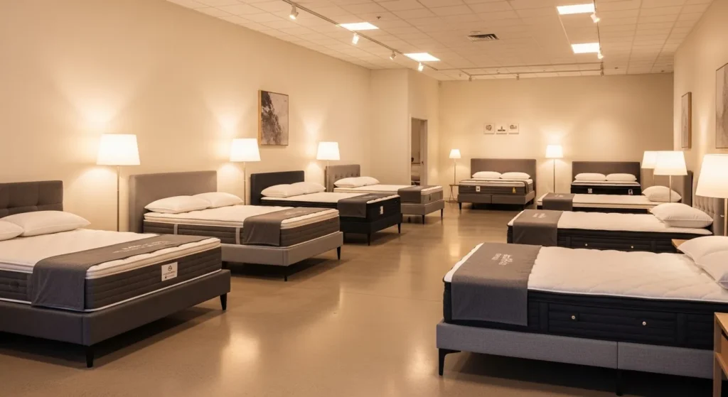 Showroom displaying various mattresses with bedside lamps, emphasizing in-store mattress shopping experience at Mattress Superstore.
