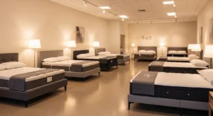 Our Blogs 1 Showroom with multiple mattresses displayed in a well-lit space, emphasizing the in-store shopping experience for mattress selection.