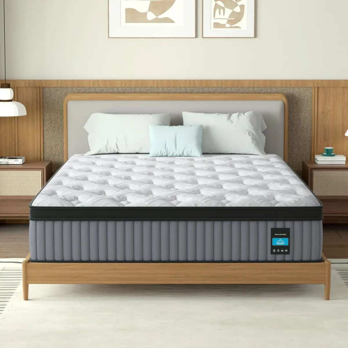 14" Hybrid Mattress, Memory Foam & Pocket Spring Bed, Cooling, Pressure Relief, Back & Hip Support - Gray / White - King 4 14" King Hybrid Mattress featuring memory foam and pocket springs, gray and white design, positioned on a wooden bed frame in a contemporary bedroom setting.