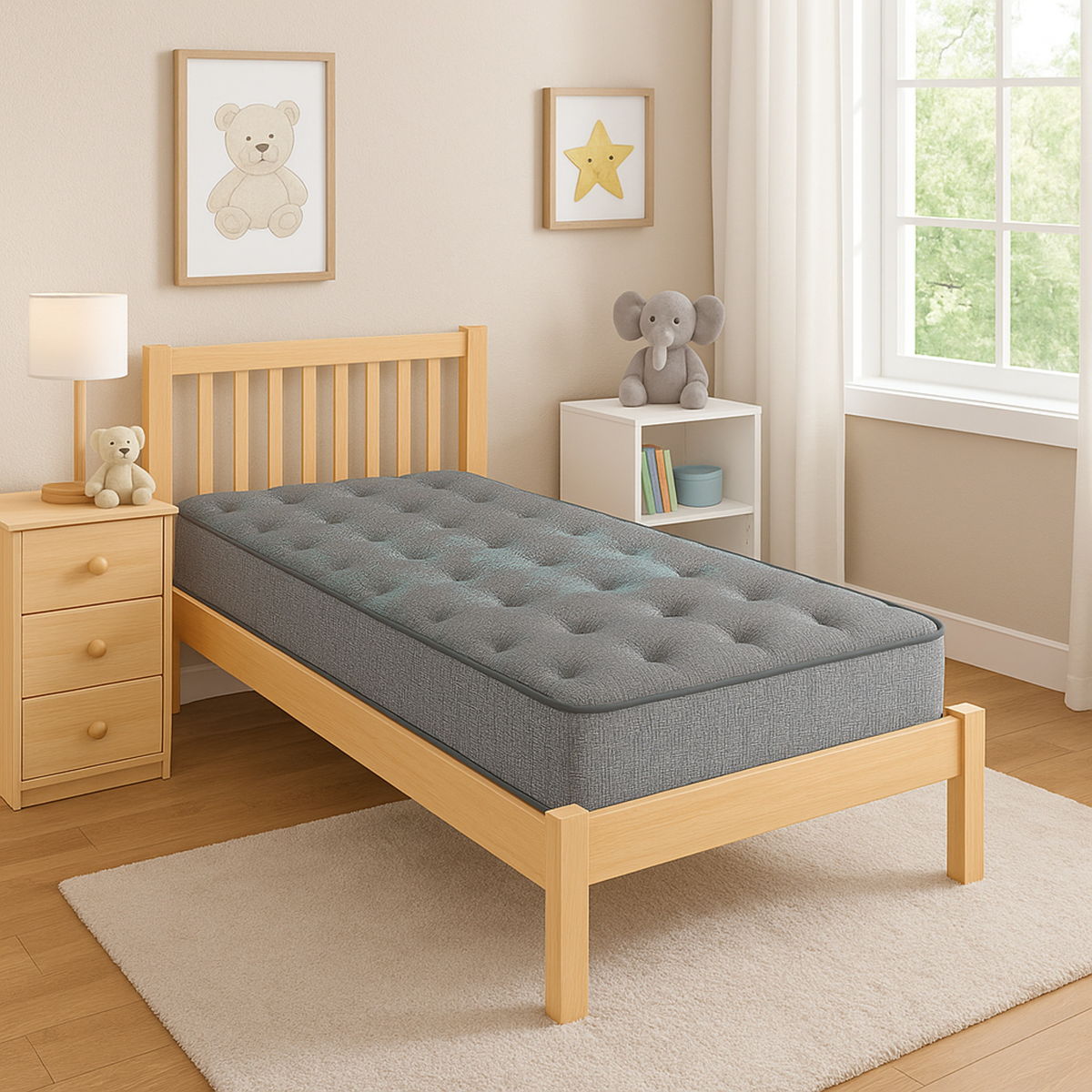 Comfort Care - 7" Foam Core Mattress, Medium Comfort 3 Comfort Care 7-inch Foam Core Mattress on wooden bed frame in children's bedroom, featuring plush gray surface, decorative wall art, and soft lighting, illustrating compact design for versatile sleeping arrangements.