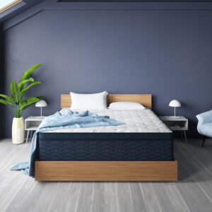 12-inch medium firm hybrid mattress from the Rresta Hotel Collection, featuring a blue and white design, placed in a modern bedroom setting with a wooden bed frame, decorative pillows, and a plant.