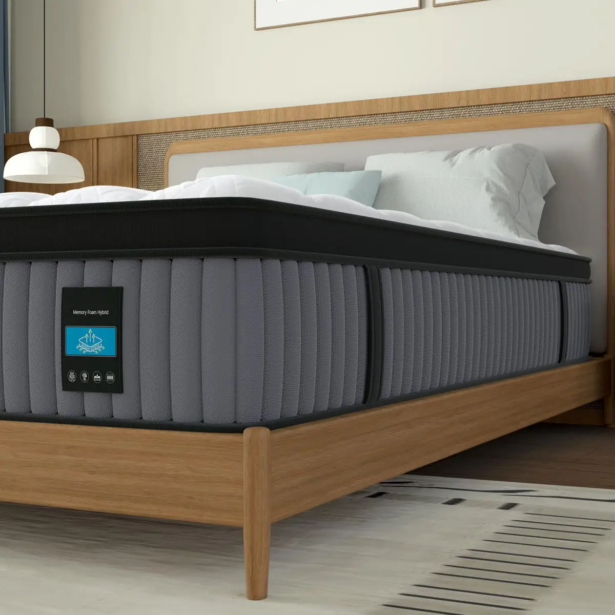 14" Hybrid Mattress, Memory Foam & Pocket Spring Bed, Cooling, Pressure Relief, Back & Hip Support - Gray / White - King 2 14″ King Hybrid Mattress featuring memory foam and pocket springs, in gray and white, displayed on a wooden bed frame in a modern bedroom setting.
