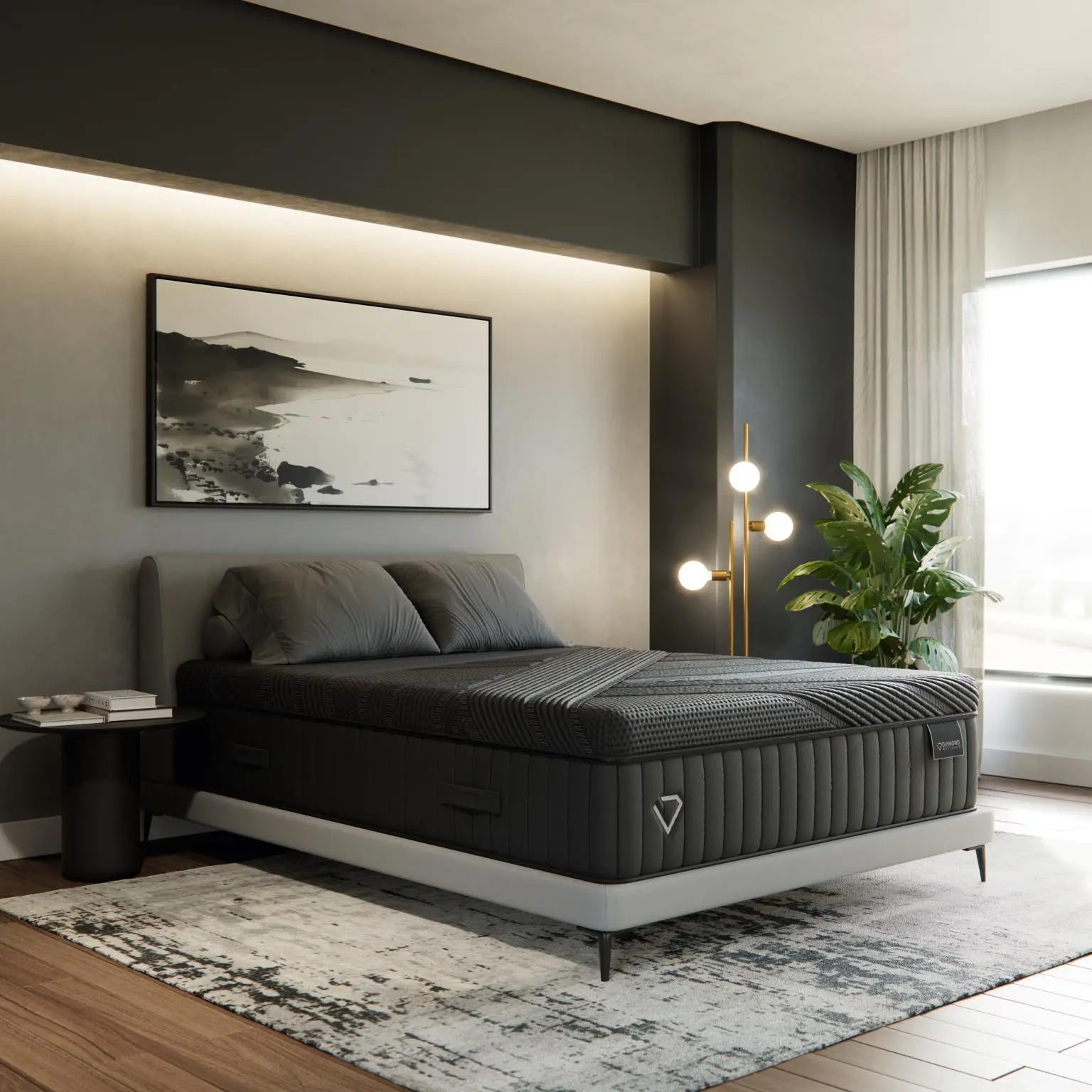 Diamond Andes Medium 3 Diamond Andes Medium mattress on a stylish bed frame in a modern bedroom setting, featuring gray bedding, contemporary decor, and natural light from a window, emphasizing comfort and design.