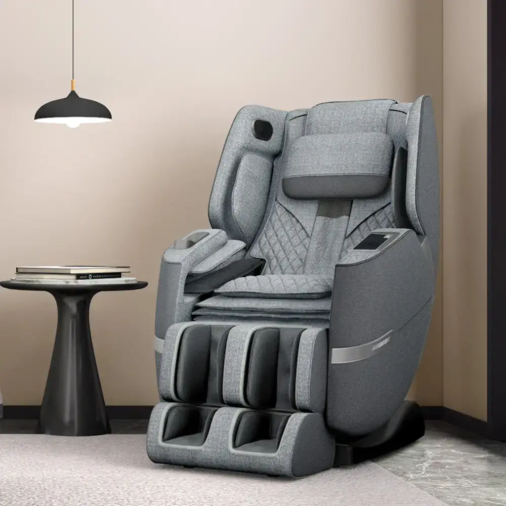 FFL Solara 5 Positive Posture Solara Massage Chair in modern gray upholstery, featuring advanced SL-Track massage technology, positioned beside a sleek side table in a stylish interior setting.