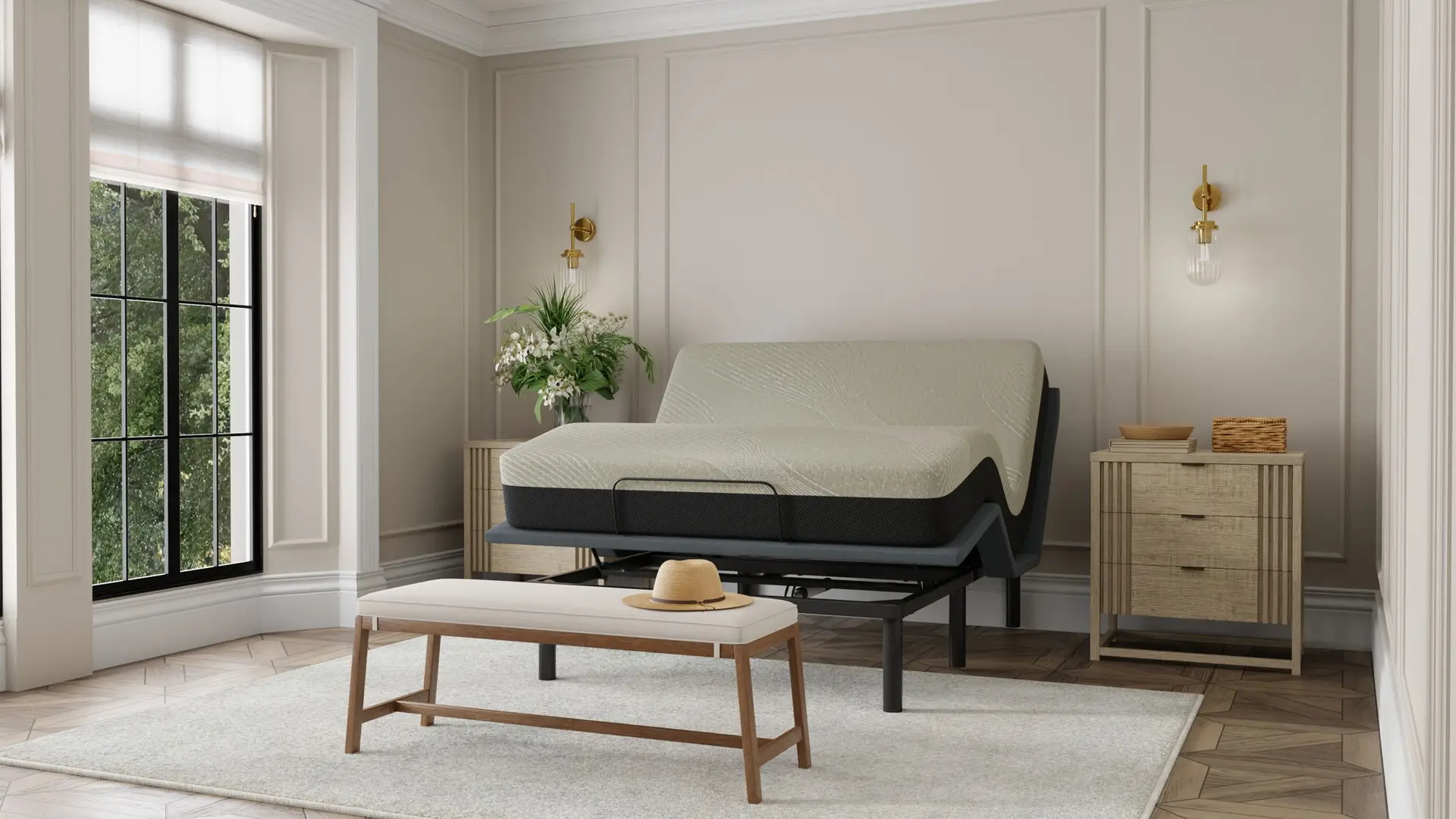 Gel Comfort - 10" Medium Firm Mattress 5 Gel Comfort 10" Medium Firm Mattress displayed on adjustable base in modern bedroom setting with natural light and minimalist decor.