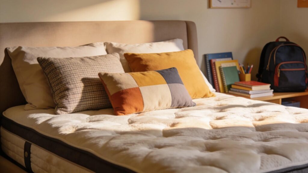 Cozy bedroom with a stylish mattress and school supplies reflecting back-to-school preparations