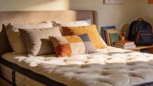 Cozy bedroom with a stylish mattress and school supplies reflecting back-to-school preparations