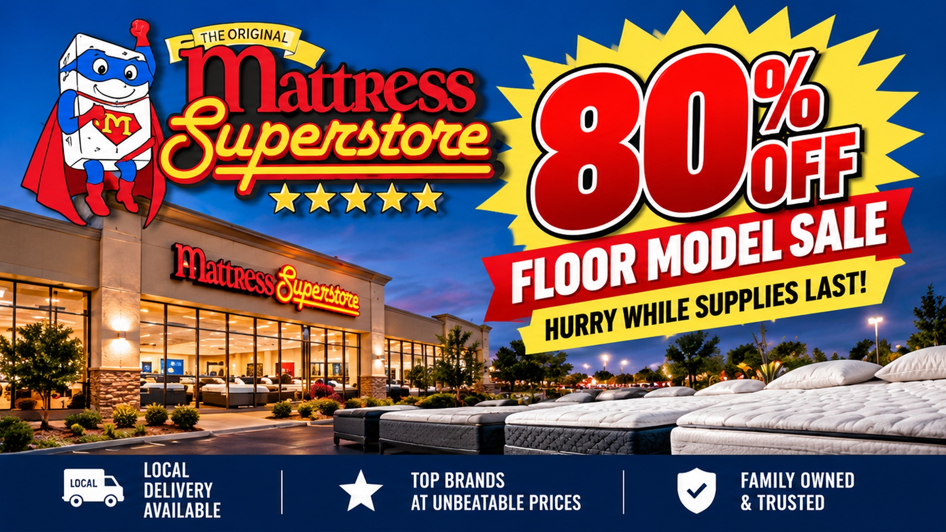 Mattress Superstore 80% off floor model sale in Lafayette, Indiana. Local delivery available. Hurry while supplies last.