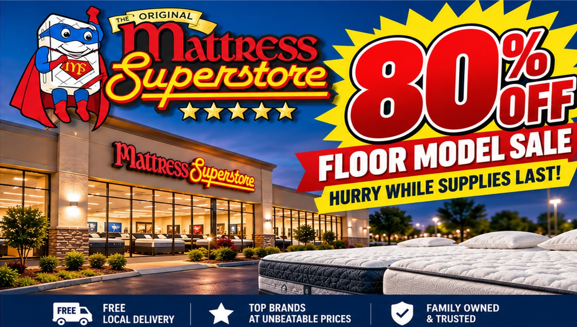 Mattress Superstore 80% off floor model sale in Lafayette, Indiana. Hurry while supplies last.